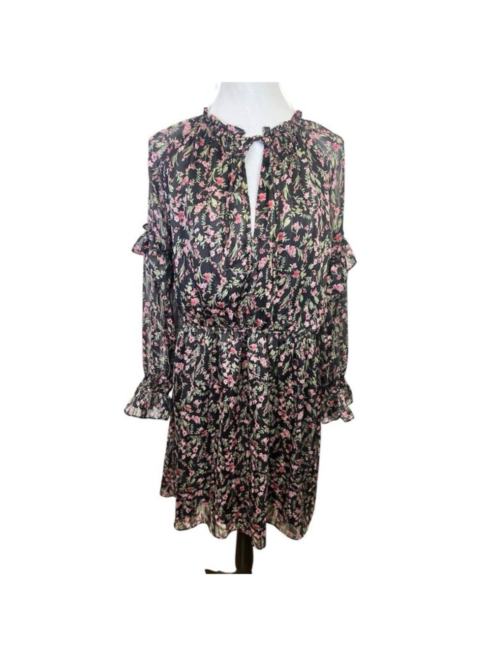 Lucy Paris Mini Dress Sz L Black Floral Long Sleeve Ruffle Boho Gold Thread